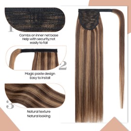 S-noilite Human Hair Ponytail Extension Wrap Around Ponytail Medium Brown & Dark Blonde Ponytail Hair Extension with Magic Paste Long Straight Ponytail Extension Hair Pieces for Women 20 Inch#4P27
