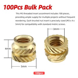 LuojinLuoda 100Pcs M3 Knurled Insert Nuts - Premium M3 Threaded Inserts for Voron 3D Printers, Brass Threaded Insert Embedment Nut Hardware, Heat Set Metric Knurled Nuts for DIY Projects (M3x4x5mm)