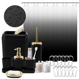 XLHOMO Bathroom Set - 22PC Black Bathroom Accessories Sets Complete with Black Ombre Shower Curtain,Trash Can,Toothbrush Holder,Toothbrush Cup,Soap Dispenser,Soap Dish,Toilet Brush,Tray,Qtip Holders