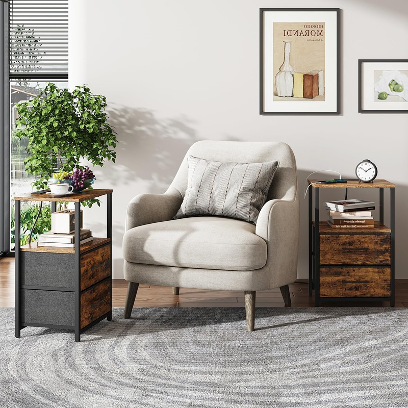 TUTOTAK End Table with Charging Station, Side Table with 2