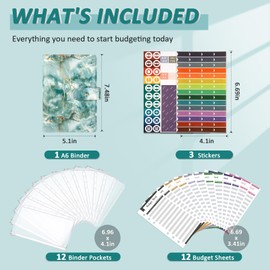 Taope Budget Planner, A6 Budget Binder, Money Organiser, with Soft Pockets, Notebook, Cash Envelopes, Household Expense Book with Money Compartments, Set, Aquamarine Marble