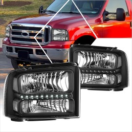 PM PERFORMOTOR Pair of Headlights Compatible with Ford F-250 F-350 F-450 F-550 Super Duty Excursion 2005 2006 2007, with White LED Running Light Strip, Black Housing Clear Corner
