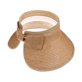 Girls Roll Up Straw Sun Visor, Wide Brim UV Protection Beach Hat with Bowknot and Adjustable Hook and Loop, Paper Straw, 4-Inch Brim(Khaki)