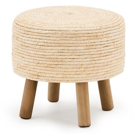 Wimarsbon Pouf Ottoman, Round Footstool with 4 Wood Leg, Handmade Bohomia Natural Outdoor Footrest, Rustic Dressing Stool, Accent Vanity Chair (Short Beige)