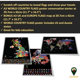 Global Walkabout Scratch Off World, Europe and UK Map with Flags background - Deluxe Travel Size World, Europe and UK Map Poster - Countries and Facts - Travel Gift (Black)