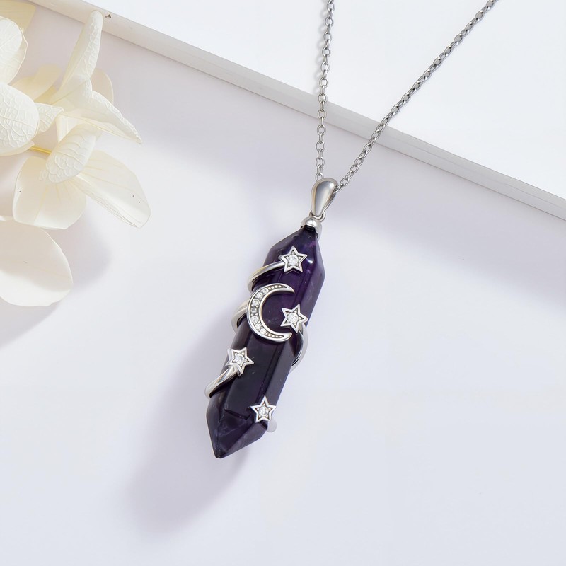 LONAGO Moon and Stars Healing Crystal Necklace Sterling Silver Star