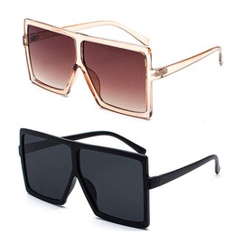 JUSLINK Oversized Square Sunglasses for Women Trendy Flat Top Fashion Shades (Black+Champagne, 2 pack)