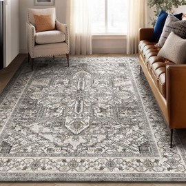 WITSHOCK Boho Area Rugs Machine Washable for Living Room Bedroom, Large 5x7 Vintage Non-Slip Stain Resistant Floor Carpet Indoor for Kitchen Dining Room Office Home Decor, Brown-Lvory