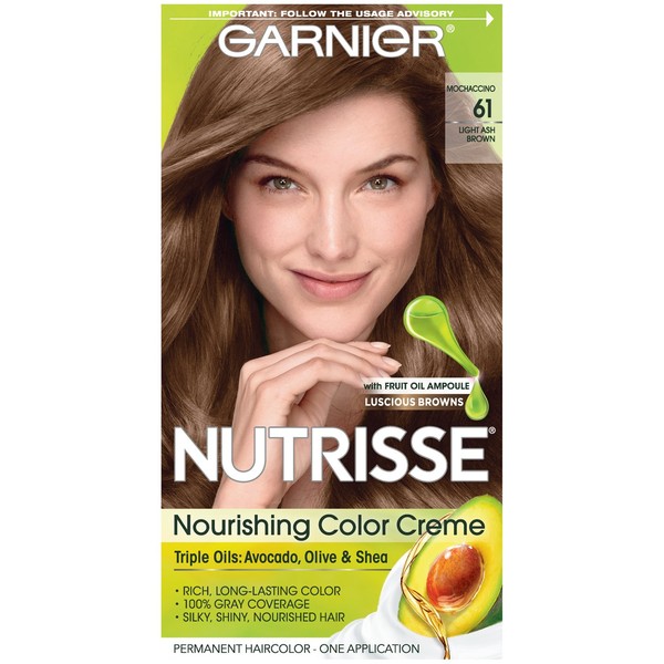Garnier Nutrisse Nourishing Hair Color Creme, 61 Light Ash Brown (Mochaccino) (Packaging May Vary)