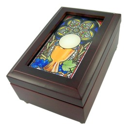 Musical Mahogany Wood Keepsake Box with Stained Glass First Communion Chalice Top, 6 1/2 Inches