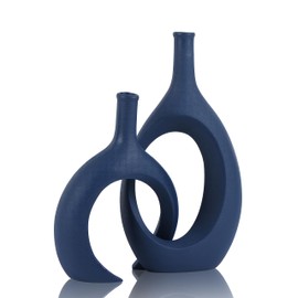 Blue Ceramic Vase Set of 2- Modern Navy Blue Vase Dining Table for Centerpieces, Farmhouse and Blue Home Decor Flowers Vases Suitable for Blue Office Partitions Mantelpiece Entrance Decoration