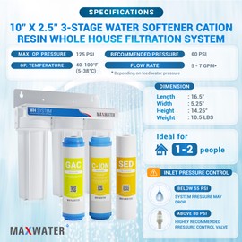 Max Water 3 Stage Water Softening10 inch Standard Water Filtration System for Whole House - Sediment + Cation Resin + GAC - ¾" Inlet/Outlet - Model : WH-SW2
