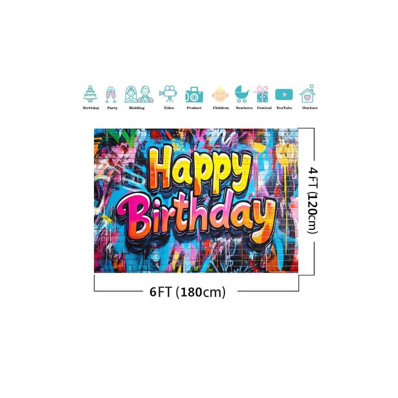 AIIKES 6x4ft Colorful Brick Wall Backdrop Retro Graffiti Happy Birthday