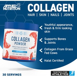 Applied Nutrition Collagen Powder - Strawberry & Raspberry Flavour - 5000mg Hydrolysed Bovine Flavoured Collagen Peptides with Vitamin C, Hyaluronic Acid & Biotin (165g - 30 Servings)