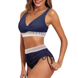 High Waisted Bikini Sets for Women, 2PCS V Neck Tummy Control Ruched Drawstring Swimwear for Ladies Beach Pool Bathing Suit