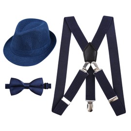 Alizeal 1 inch Suspender and Bow Tie Set with Fedora Hat for Kids(Navy)