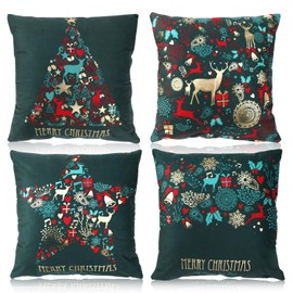 HOWAF Green Elegant Christmas Cushion Throw Covers Cases, Peach Skin Velvet Christmas Happy New Year Pillowcases Covers Decorative for Xmas Sofa Bed Chair Living Room Home Decoration 45cm x 45cm, 4pcs