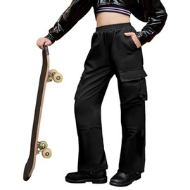 Perfashion Parachute Pants for Girls Cargo Pants Black Wide Leg Teengirls Dance Outfitts Size 12 13