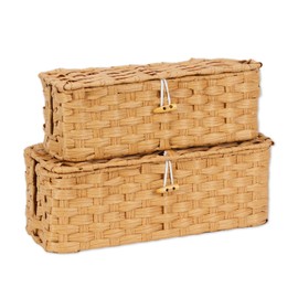 Temary Cable Management Box with Lids, 2-Pack Handmade Cable Organizer Boxes for Home, Office to Hide Cords and Power Strip, Cord Cover Floor Hider Set Woven Rattan Cable Organizer Box