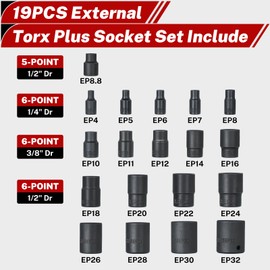 BILITOOLS External Torx Plus Socket Set, 6 Point EP4-EP8, EP10-12, EP14, EP16, EP18, EP20, EP22, EP24, EP26, EP28, EP30, EP32 with 1/2'' 3/8'' 1/4'' Dr, 19PCS External Star Socket for Cars