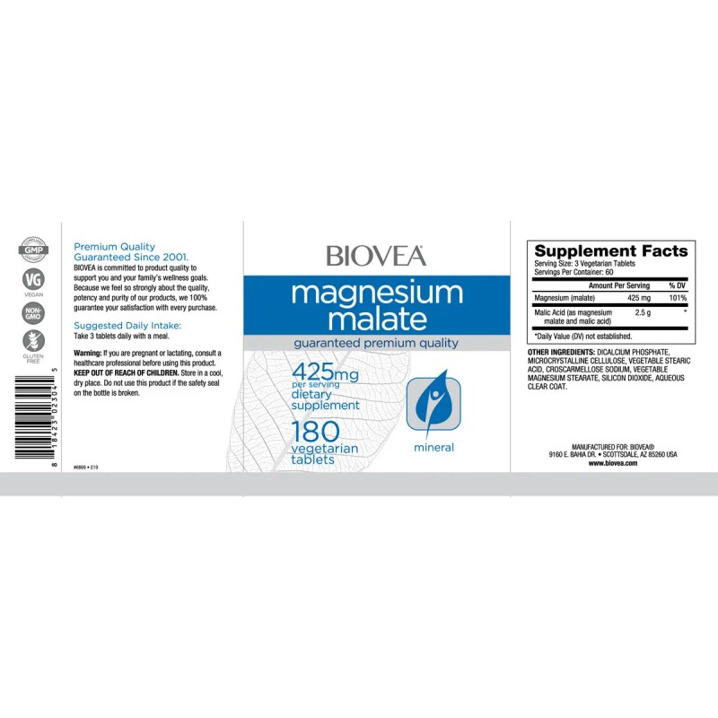Biovea Suplemento de malato de Magnesio y acido Malico 425