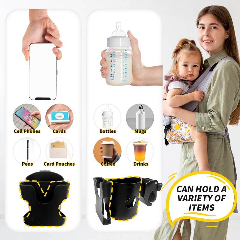Drinks Holder Pushchair Cup Holder 2-in-1 Adjustable Bottle Holder with