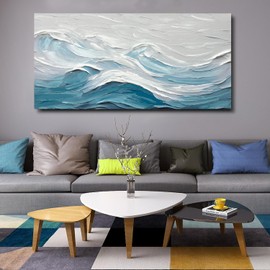 TRAIN2 ART Abstract Wall Art for Living Room Blue and White Ocean Paintings Wall Decor Modern 3D Textured Canvas Wall Art Large Artwork for Living Room Bedroom Office 24"x48"
