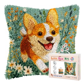 DIY Latch Hook Pillow Kits for Adults Welsh Corgi Dog Running in Flowers Printed Pillowcase Crochet Yarns Hooking Handmade Pillow Cover Cushion for Home Sofa Decoration 17x17inch-3