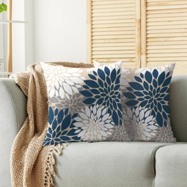 Smozenith Blue and Grey Throw Pillow Covers 18X18 Inch Set of 2, Blue Gray White Dahlia Floral Print Decorative Pillowcases Outdoor Summer Modern Farmhouse Cushion Cases for Home Couch Sofa Bed Decor