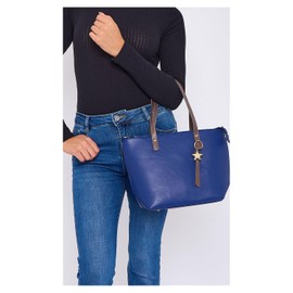 Superbia Two-Toned Tote Bag with Star Details, Medium Size 34x25x14 cm, Multiple Pockets, Detachable Strap (Black)