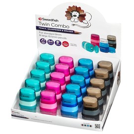 Swordfish ‘Twin Combo’ Double-Hole Pencil Sharpener and Eraser [Pack of 20] Assorted Colours [40295]