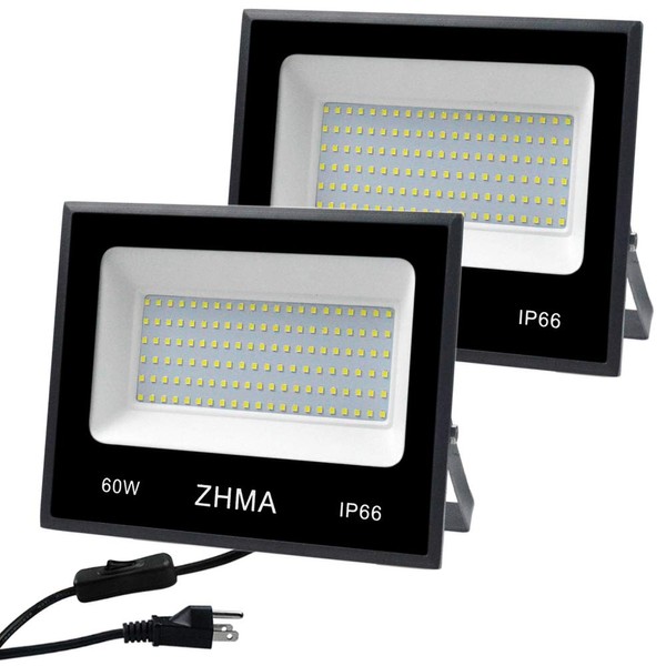 ZHMA 2 Pack 60W LED Outdoor Lighting Flood Lights,Wall Light,Work Light,IP66 Waterproof Security Lights,5400lm,6500K White Light for Shop,Garage,Yard,Garden,Landscape, Playground Lighting