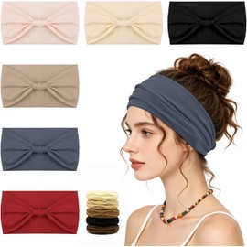 FUWEN 6 Piezas Diademas Deportivas, Diadema Elástica Suave Que Absorbe el Sudor, Diademas Ejercicio para Mujer Yoga, con 5 Ligas para Cabello, Cinta Deportiva Pelo Algodón, para Correr, Ciclismo, Yoga