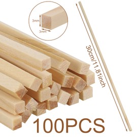 Bestomrogh 100 Pieces Wooden Sticks Balsa Wood Sticks Natural Wooden Square Dowel Sticks for Carving Craft DIY Model Making Woodcraft Decorations (3 x 3 x 300 mm)