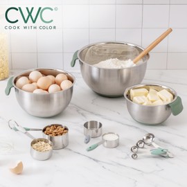 COOK WITH COLOR Stainless Steel Mixing Bowls Set and Measuring Cups- Nesting Bowls with Non-Slip Bottom and Easy-Grip Handles, Sage, 11 Pieces