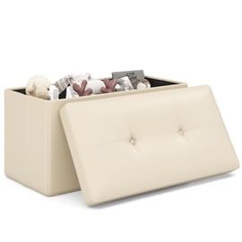 Giantex Storage Ottoman Bench, 30 Inches Folding Leather Ottoman Foot Rest, Coffee Table, Foot Stool, Padded Seat, Ottoman with Storage for Living Room, Bedroom, End of Bed (30"L x 15"W x 15"H, Beige)