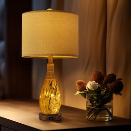 OYEARS 23" USB A+C Table Lamp for Bedroom Living Room Modern Bedside Lamps Retro Farmhouse Rattan Glass Nightstand Nightlight Lamps (Amber)