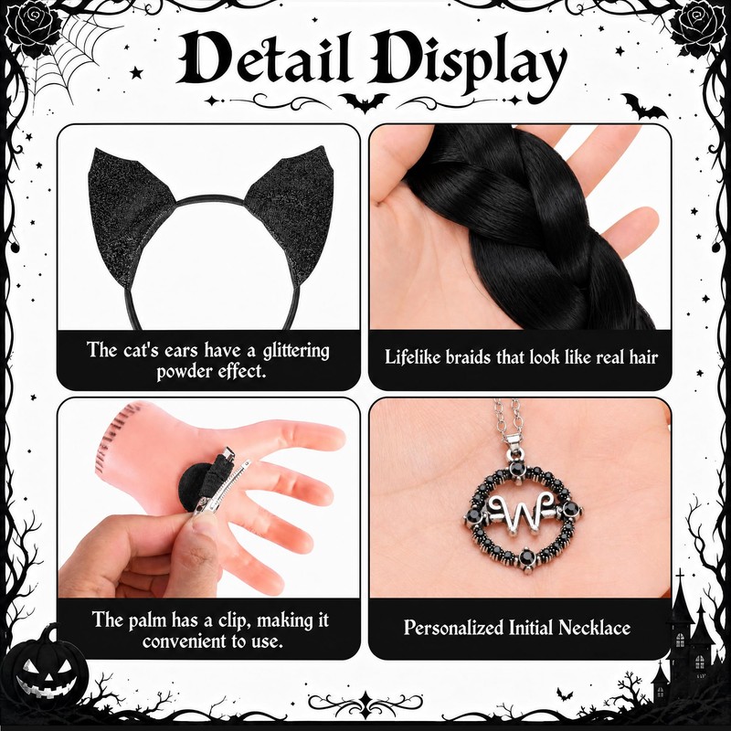 4 Pcs Halloween Black Braided Wig Accessories, Goth Black Costume