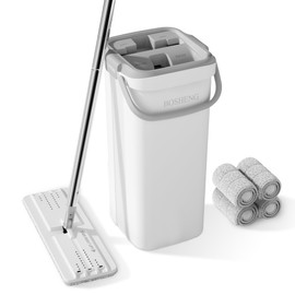 BOSHENG Mop and Bucket Set, Flat Mops for Floor Cleaning, Wall Mop with 60" Extensible Handle, Hardwood Floor Mop with 4 Microfiber Pads