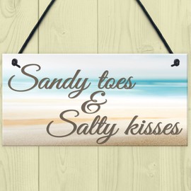 RED OCEAN Sandy Toes & Salty Kisses Nautical Seaside Theme Hanging Plaque Bathroom Bedroom Beach Sign