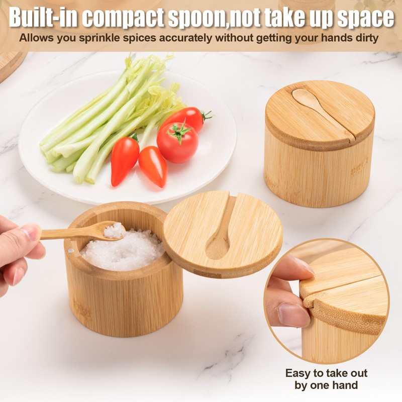 Salt Container Set of 2 - Round Bamboo Salt Cellar