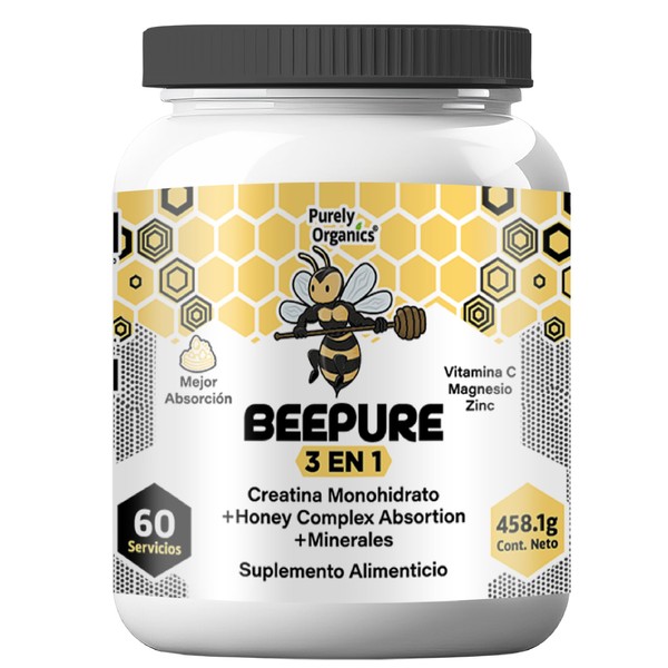 Beepure, 3 en 1. Impulso y rendimiento: Creatina monohidrato y miel orgánica para mejor absorción, Vitamina C y minerales esenciales para antioxidantes y equilibrio. Bote con 60 servicios. Purely Organics.