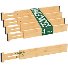 Dunruz 4 Pack Bamboo Drawer Dividers 2.6" High,Adjustable Spring Loaded Clothes Drawer Organizers for Kitchen, Dresser, Bathroom, Bedroom and Office