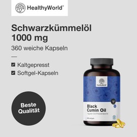 HealthyWorld® Schwarzkümmelöl 1000 mg - 360 Weiche Kapseln - Aus Ägyptischen Samen - Hoher Gehalt - Jahresvorrat - Vegan - Ohne Allergene und Künstliche Aromen