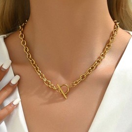 Jewigo Chunky Gold Necklace for Women 18K Gold Plated Cuban Paperclip Choker Toggle Bar Clasp Necklaces Dainty Gold Chain Necklace Jewelry Gifts