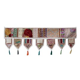 INDIAN CRAFT CASTLE Cotton Vintage Patchwork Door Hanging Valance Window Hand Embroidered Toran Bohemian Decor Living Room Wall Home Handmade Thoranam Bandanwar Decorations (White, 2 Meter)