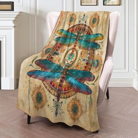 ICAAV Dragonfly Blanket 50×60 Inch,Colorful Tribal Inspired Lightweight Flannel Throw with Mandala and Insects, Artistic Nature Boho Decor,Gifts for Women,Bohemian Souls