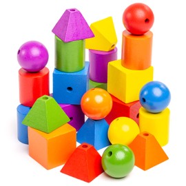 Stages Sensory Builder Colorful Wooden Stringing Beads in Wooden Storage Tray, 24 Beads and 2 Strings, for Developing fine Motor Skills and Hand Eye Coordination