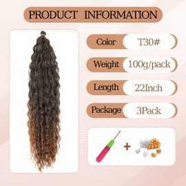 TAOYEMY Deep Twist Crochet Hair 22 Inch 3 Packs Ocean Wave Curly Braiding Hair Extensions Synthetic Curly Crochet Hair for Black Women (T30#, 22 Inch-3 Pieces)