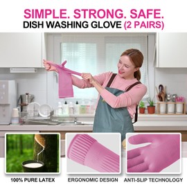 DABOGOSA Mamison 2 Pairs Reusable Waterproof Household Dishwashing Cleaning Rubber Gloves, Non-Slip Kitchen Glove (Pink, XL (Pack of 2))